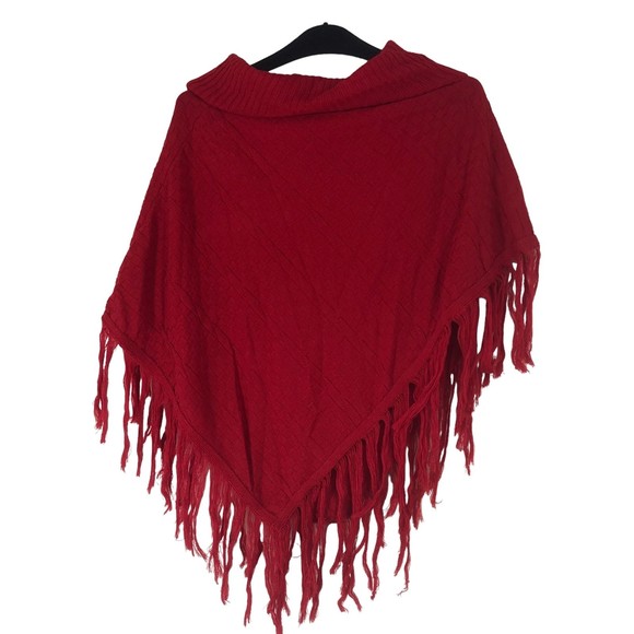 Lipstick Red Basketweave Knit Poncho Sweater w/Chunky Fringe, Cowl Neck sz OS - Picture 2 of 7